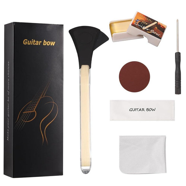 Guitar Bow Kit, 2-in-1 Horsehair Aluminum Alloy Guitar Bow Pick with Rosin Sandpaper Cloth Fun Acoustic Instrument Playing Tools Create Violin & Cello Sounds Creative Gift for Music Lover
