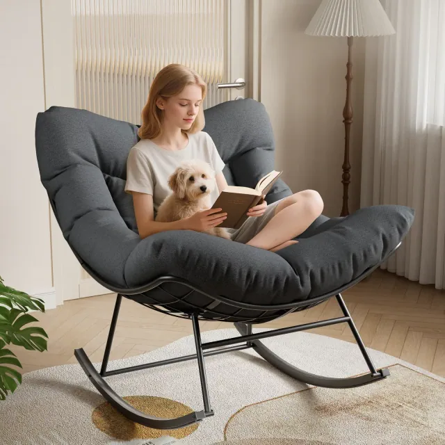 Oversized Outdoor Patio Rocking Chair, Modern Metal Lounge Rocker with Thick 5'' Cushion, Papasan Chairs 350lbs Capacity for Balcony& Bedroom, Grey
