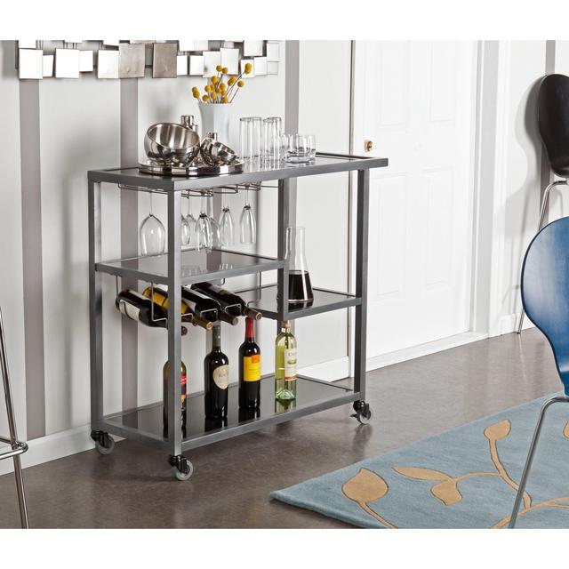 Holly & Martin Zephs Bar Cart, Gunmetal Gray Finish with Black Tempered Glass