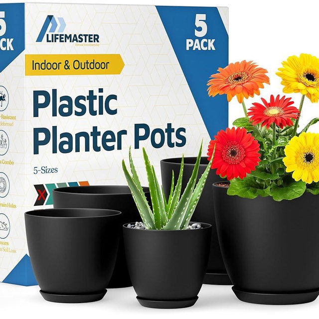 Lifemaster Plant Pots with Multi Drainage Holes - 5 Pieces Versatile, Sturdy Plastic, Stackable Design Home Decor Flower Pots for Indoor and Outdoor Gardening - Black