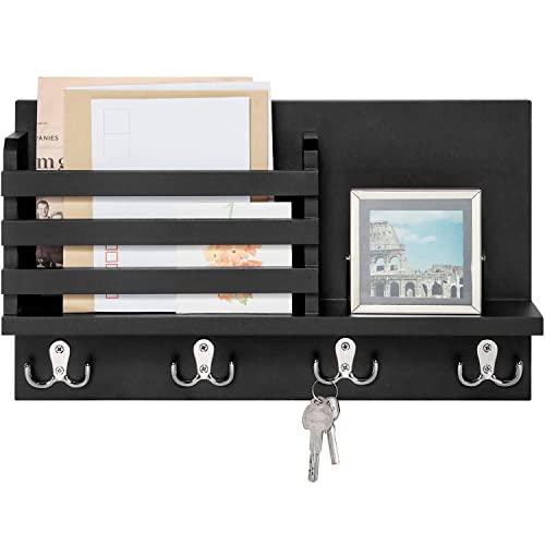 Dahey Wall Mounted Mail Holder Wooden Mail Sorter Organizer with 4 Double Key Hooks and A Floating Shelf Rustic Home Decor for Entryway or Mudroom,Black