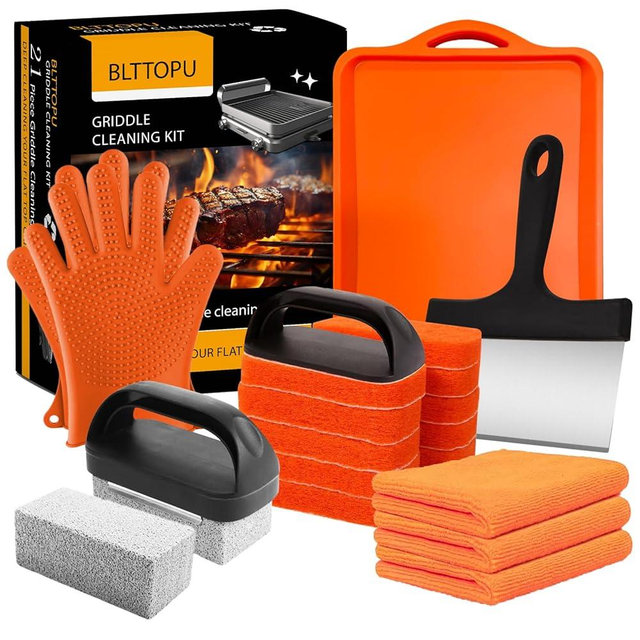 21 Pieces Griddle Cleaning Kit for Blackstone, Flat Top Grill Cleaning Accessories with Silicone Spatula Mat, Scraper, Grill Stone & Scouring Pads with Handle, Cleaning Gloves, Cleaning Towel