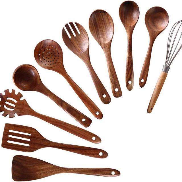 10 Pcs Teak Wood Cooking Spoons and Spatulas for Cooking Non-Stick Kitchen Utensil