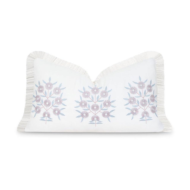 Hofdeco Premium Coastal Patio Indoor Outdoor Lumbar Pillow Cover Only, 12"x20" Water Repellent for Backyard, Couch, Blush Pink Embroidered Floral with Fringe