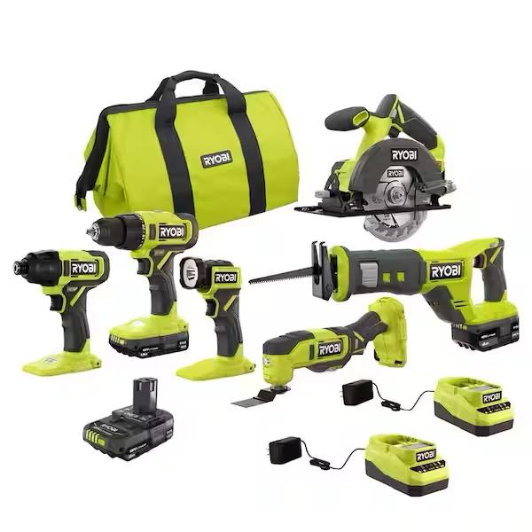 RYOBI ONE+ 18V Cordless 6-Tool Combo Kit w/ 1.5 Ah Battery, 4.0 Ah Battery, & Charger w/ 2.0 Ah Battery and Charger PCL1600K2-PSK005