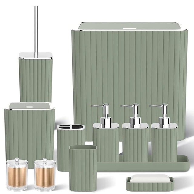 InnJoey Bathroom Accessory Set - Sage Green Bathroom Set, 12PC Bathroom Accessories Set, Mini Trash Can, Toilet Brush, Trash Can & Soap Dispenser