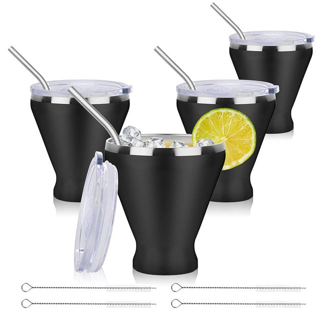 SuperCook Stainless Steel Wine Tumbler with Lid, Double Wall Vacuum Martini Glass with Straw, Insulated Stemless Cocktail Glasses Stay Icy Cold, Set of 4, 12 Oz, Black