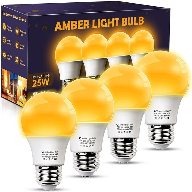 TOSZMOK Amber Sleep Light Bulbs, Blue Light Blocking, A15 3W(25 Watt Equivalent) Dim Light Bulbs for Lamp, 1800K Warm Light Bulb, E26 for Healthy Sleep, Bedroom, Kids Room, 4 Pack