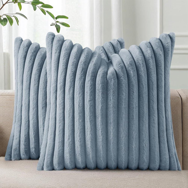 Pallene Faux Fur Plush Throw Pillow Covers 18x18 Set of 2, Luxury Soft Fluffy Striped Decorative Pillow Covers for Sofa, Couch, Living Room, Blue Grey