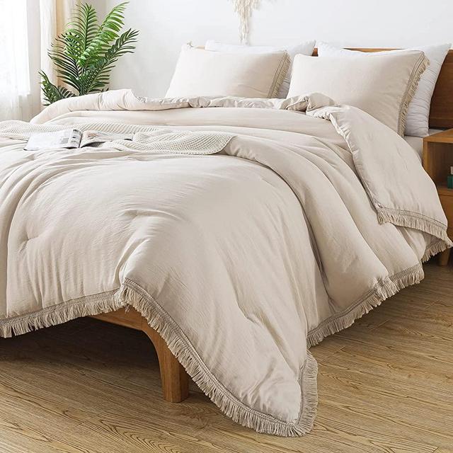 Andency Beige Tassel Comforter Set Queen(90x90Inch), 3 Pieces(1 Boho Comforter, 2 Pillowcases) Farmhouse Shabby Chic Comforter Set, Soft Microfiber Lightweight Fringe Bedding Comforter Set