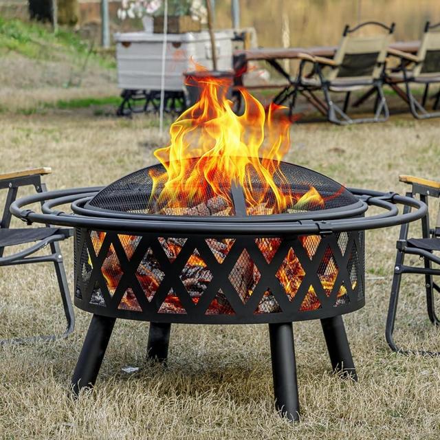 EcoNook 36 Inch Wood Burning Fire Pit with 2 Loops, Outdoor Fire Pit with Spark Screen & Fire Poker, Cross Weave Firepit for Outside Fireplace Bonfire for Yard,Patio, Garden