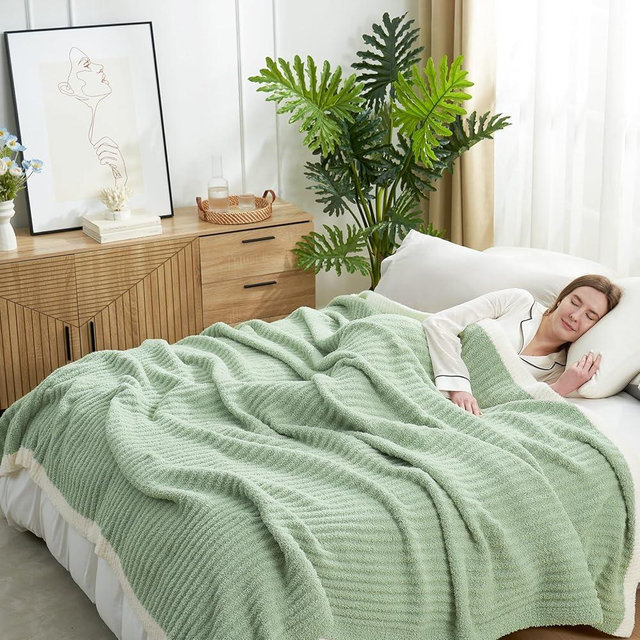 Snuggle Sac Soft King Size Blanket for Bed, Cozy Soft Fuzzy Microfiber Knit Stripe Bedding Blankets, Sage Green, 108x90 inches