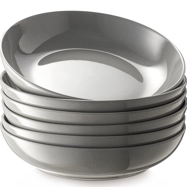 Y YHY Pasta Bowls 30oz, Large Salad Serving Bowls, Soup Bowls, Porcelain Pasta Bowls Set of 6, Microwave Dishwasher Safe, Wide and Flat, Grey