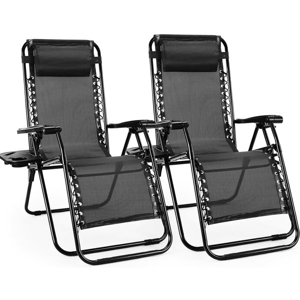 Sweetcrispy Zero Gravity Chairs, Set of 2 Portable Recliner Beach Camping Patio Outdoor Folding Lounge Chair with Cup Holder Trays and Adjustable Pillow for Poolside, Garden, Backyard, Lawn (Black)