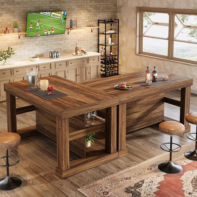 Tribesigns 55" Kitchen Island with Seating and Storage, 3-Tier Farmhouse Wood Stationary Island Table with Large Worktop & Leg Room, Coffee Bar Table with Storage Shelf for Kitchen, Dark Brown (2PC)