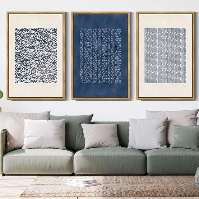 Drsoum Blue Mid-Century Modern Framed Wall Art Large 24x36in Minimalist Abstract Boho Wall Decor Geometric Artwork Kitchen Dining Room Black Framed