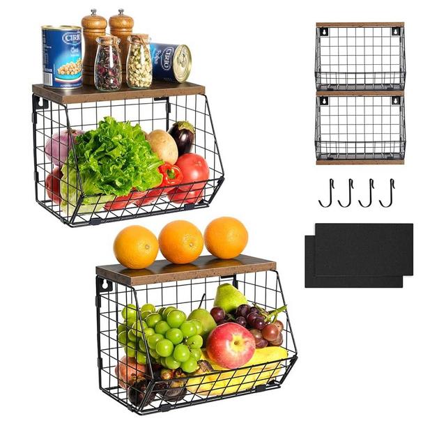 MetWoods 2 Pack Stackable Fruit Baskets with Wood Lid for Kitchen Counter, Wall-Mountable Hanging Basket Wire Baskets with 4 Banana Hanger Hooks, Kitchen Organizers and Storage for Snack Onion Potato