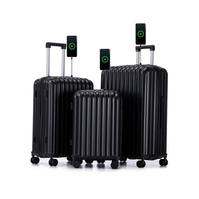 Campfun Luggage Sets 3 Piece, Carry On Luggage Set with Cup Holder and USB Port, Hardshell ABS Suitcase with Double Spinner Wheels Hook, Lightweight Suitcase 20/24/28in, Black