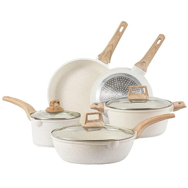 CAROTE Nonstick Pots and Pans Set, White Granite Induction Cookware Sets, 8 Pcs Kitchen Essentials Non Stick Cooking Set with Frying Pans & Saucepans(PFOS , PFOA Free)