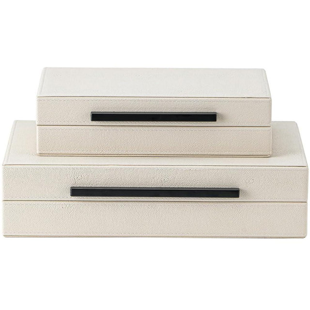 Set of 2 Beige Shagreen Decorative Storage Boxes with Black Metal Handles –Faux Leather Large Modern Stackable Nesting Jewelry Box with Lids Organizer