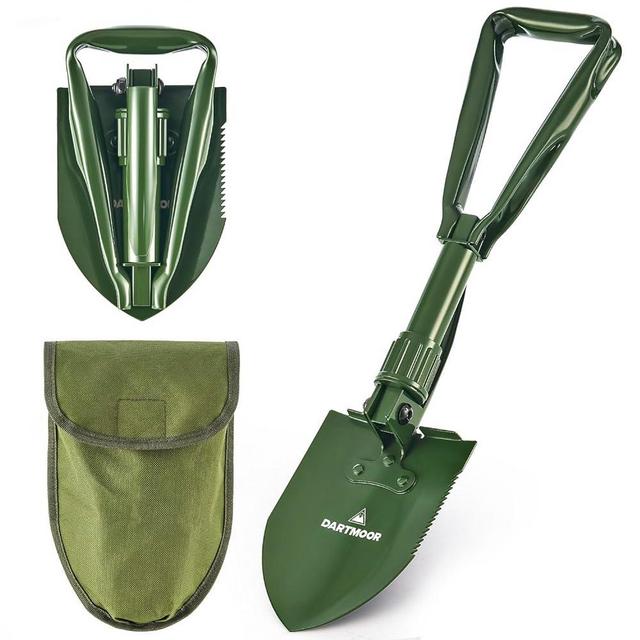 18.1" Military Style Foldable E-Tool, Small Compact Lightweight Survival Shovel, Entrenching Tool for Off Road, Folding Spade Collapsible Shovel for Camping, Hiking, Digging, Gardening, Green