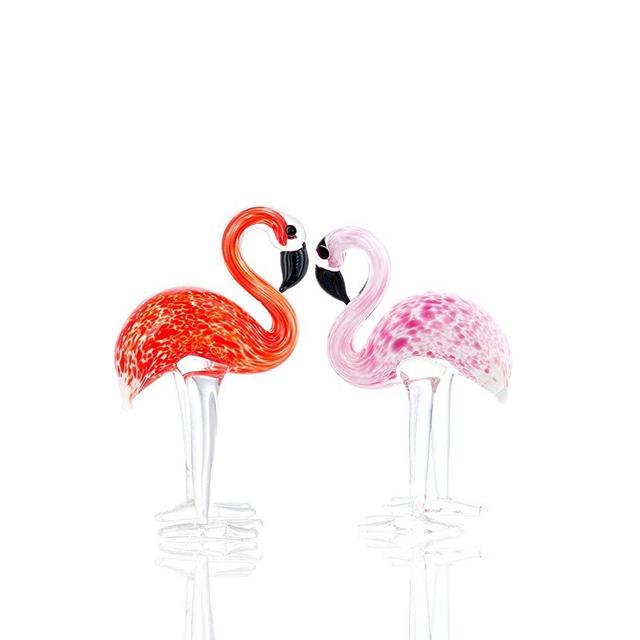 QF Handmade Glass Flamingos Love Token Art Glass Blown Animal Figurine,Pack of 2