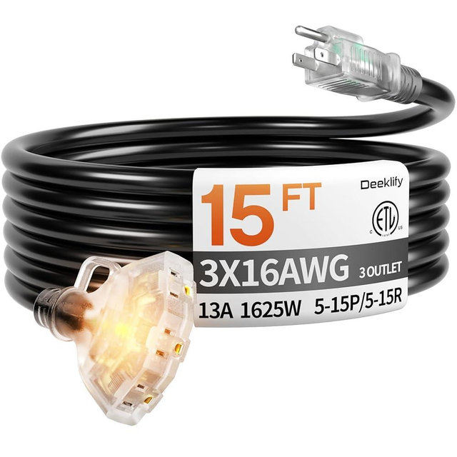 Deeklify 15 ft 16/3 awg 3 Outlet Extension Cord Splitter with Indicator, Waterproof Indoor/Outdoor Extension Cord with Multiple Outlets, 13A 1625W for Home & Workshop, ETL Listed, Flexible Black SJTW