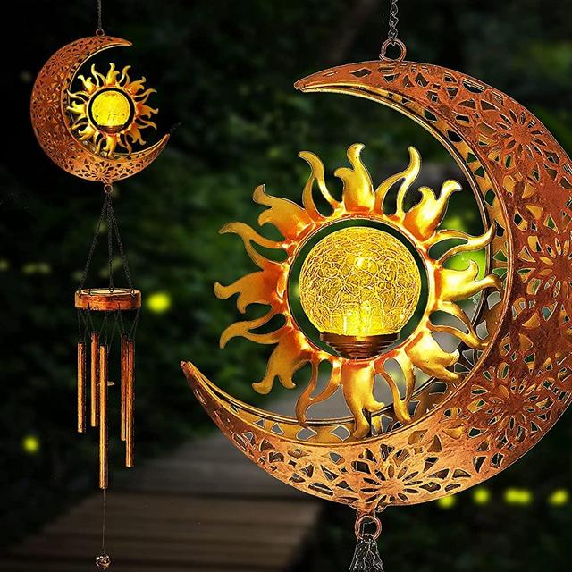 Solar Wind Chimes Outdoor Hanging-Metal Moon Sun Waterproof Wind Chime Lights with Crackle Glass Ball Warm LED Lights Moon Decor Gift for Garden Yard Patio (Moon)