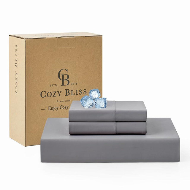 Cozy Bliss Cooling Fitted Sheet King Size with 2 Pillowcases,Breathable Sheet Set for Hot Sleeper and Night Sweats,Deep Pocket Up to 15 Inches,Stay Put for Mattress,Dark Grey
