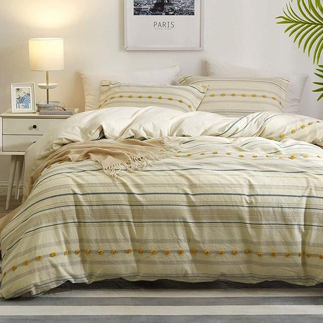 PHF 100% Cotton Tufted Duvet Cover Set King Size, 3pcs Boho Textured Jacquard Comforter Cover Set, Yarn-Dyed Decorative Duvet Cover with Pillow Shams Bedding Collection, 106"x 92", Ivory & Yellow
