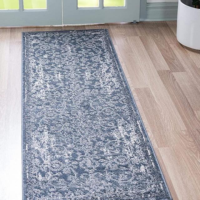 Rugs.com Oregon Collection Rug – 8 Ft Runner Blue Low-Pile Rug Perfect for Hallways, Entryways