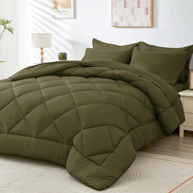 HEVUMYI 7 Pieces Queen Comforter Set, All Season Reversible Bed in a Bag Queen, Ultra Soft Queen Bedding Set with Grey Comforter, Flat Sheet, Fitted Sheet, Pillowcases, Pillow Shams, Olive Green