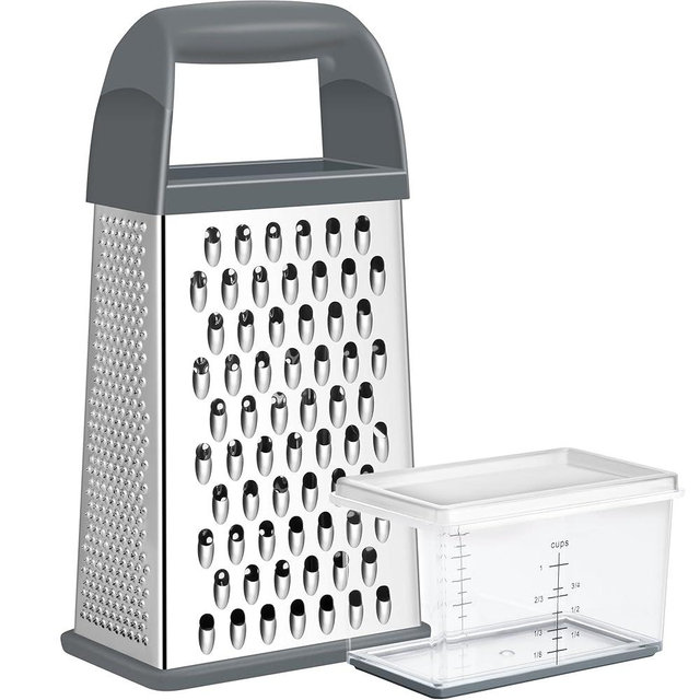 Urbanstrive Cheese Grater With Container, Professional Cheese Grater with Handle, Stainless Steel Graters for Kitchen Handheld, Box Grater with 4 Sides for Vegetables, Ginger, Potatoes (Grey)