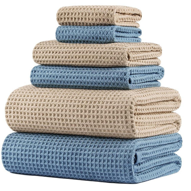 POLYTE 430 GSM Microfiber Quick Dry Lint Free Oversize Bath Towel Set, 6 Piece (Waffle Weave)