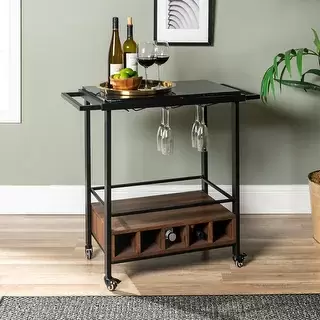 Faux Marble Serving Bar Cart with Dark Walnut Base - White Faux Marble