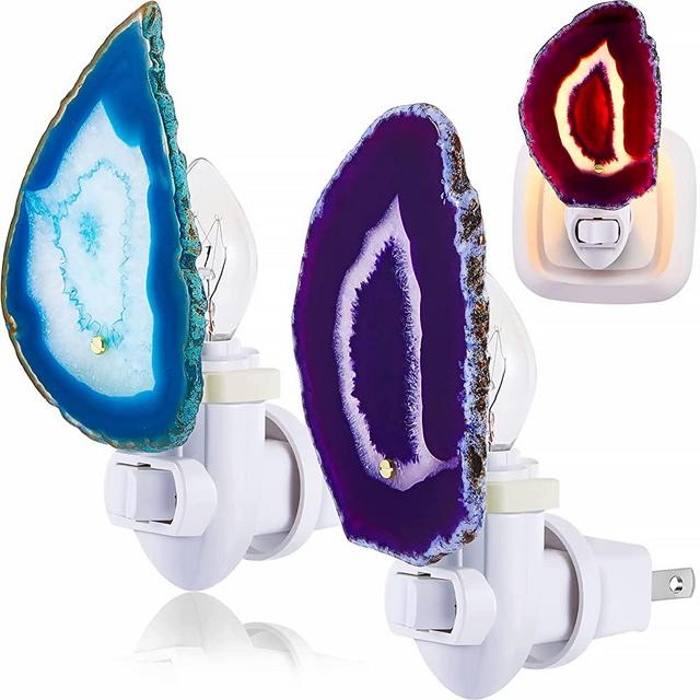 2 Pcs Agate Night Light Agate Slice Light Crystal Nightlight Plug into Wall with Switch Crystal Gemstone Light LED Cute Lamp for Kids Bedroom Bathroom Hallway Stairways Home Decor, Blue and Purple