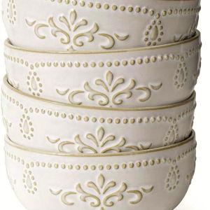 Artena Soup Bowls 32 OZ, Cereal Bowls Set of 4, Embossment Ceramic Ramen Bowls, 6.3 Inch White Salad Bowls, Large Dinner Bowls for Pho, Noodle, Pasta, Snacks, Dishwasher Microwave Safe, Damask Floral