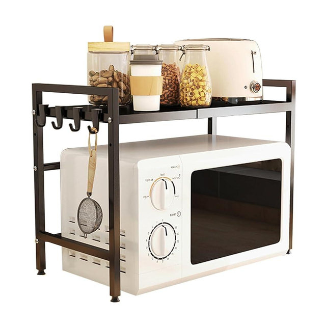 loyalKBS Expandable Microwave Stand Countertop, Heavy Duty Over Microwave Shelf Countertop, 2 Tier Carbon Steel Microwave Oven Rack Shelf for Kitchen with 4 Hooks,Holds 132lb,Height Adjustable,Black