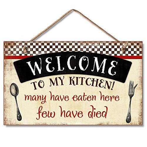 Highland Graphics Welcome to My Kitchen Decorative Wood Wall Plaque with Braided Rope for Hanging Red, Black, Cream