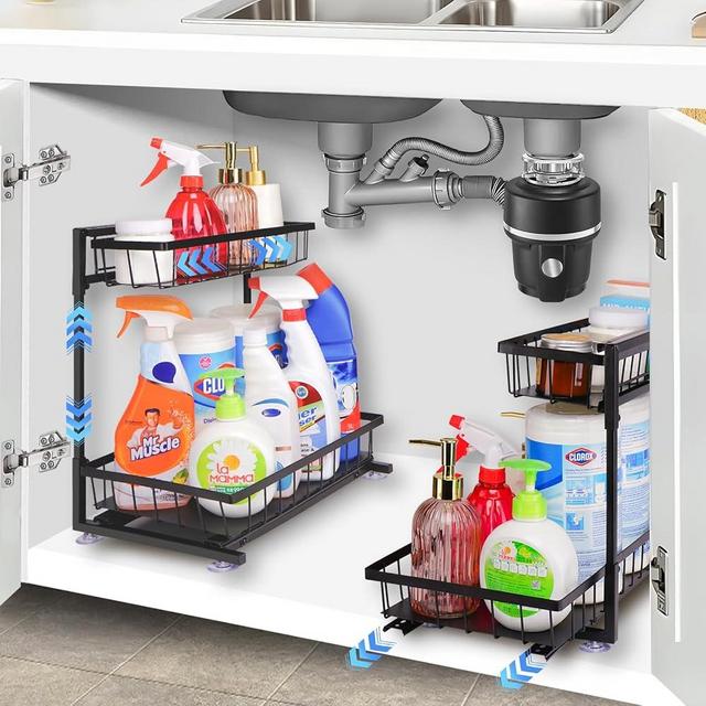 Haturi Under Sink Organizer, 2 Packs Pull Out Kitchen Organizers and Storage, Alloy Ball Bearing Slide Metal Slide Out Drawer Organizer Shelf, Under Cabinet Sink Organizer for Kitchen Bathroom Pantry