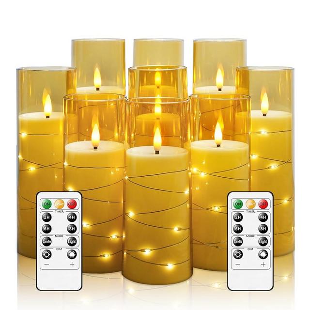 kakoya Flameless LED Candles with Timer 9 Pc Flickering Flameless Candles for Romantic Ambiance and Home Decoration Stable Acrylic Shell,with Embedded Star String，Battery Operated Candles（Gold）