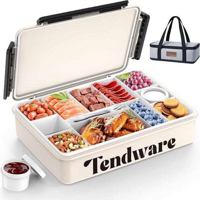 TENDWARE LIFE Chilled Portable Snackle Box Container, Beach Essentials for Summer, Divided Serving Tray with Reusable Ice Pack & Insulated Bag, Snack Containers for Road Trip Charcuterie Snack Picnic