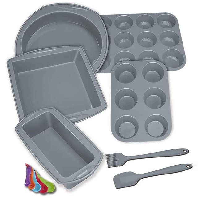 Economical 7in1 Nonstick Silicone Baking Cake Pan Cookie Sheet Molds Tray Set for Oven, BPA Free Heat Resistant Bakeware Suppliers Tools Kit for Muffin Loaf Bread Pizza Cheesecake Cupcake Pie Utensil