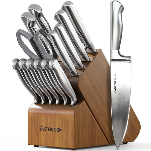 Astercook Knife Set, 15 Piece German Steel Kitchen Knife Set with Built-in Sharpener, One-Piece Knife Block Set Rust-Resistant Dishwasher Safe Block Knives Set for Cooking & Gift (Walnut Brown)