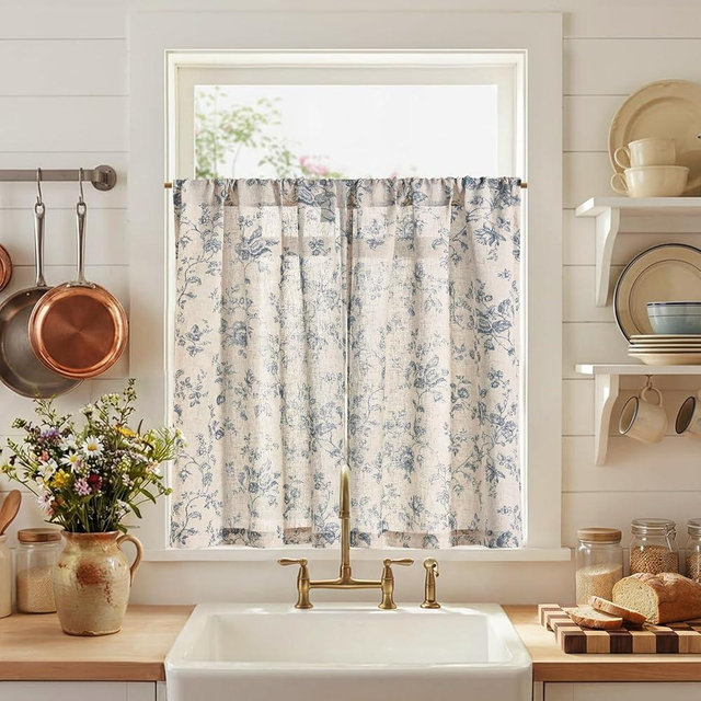 jinchan Amlie Floral Kitchen Curtains 36 Inch Length Linen Cafe Curtains Small Window Drapes Light Filtering Botanical Farmhouse for Bedroom Bathroom Rod Pocket 2 Panels Blue on Linen