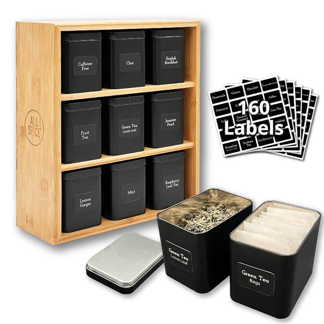 AllSpice Tea Organizer Rack with 9 Tins & 160 Magnetic Labels – Perfect for Bagged & Loose Leaf Tea Organization - Bamboo