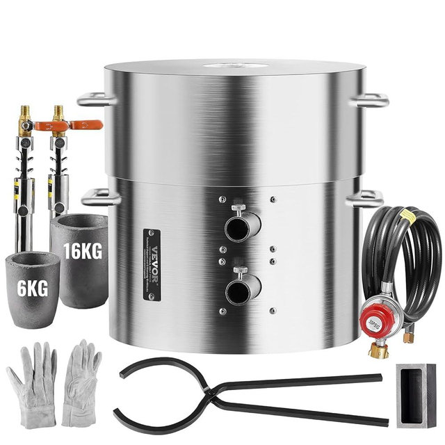 VEVOR Propane Melting Furnace Kit, 16KG/35lbs Gas Metal Smelting Kit, Dual Burner Foundry Home Kiln with Crucibles and Tongs, Forge Casting Tool for Gold Silver Copper Aluminum Metal Recycle