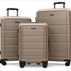 SHOWKOO Upgrade Luggage Sets 3pcs 100% PC Durable Expandable Luggage Suitcase with TSA Lock Double Wheels Champagne