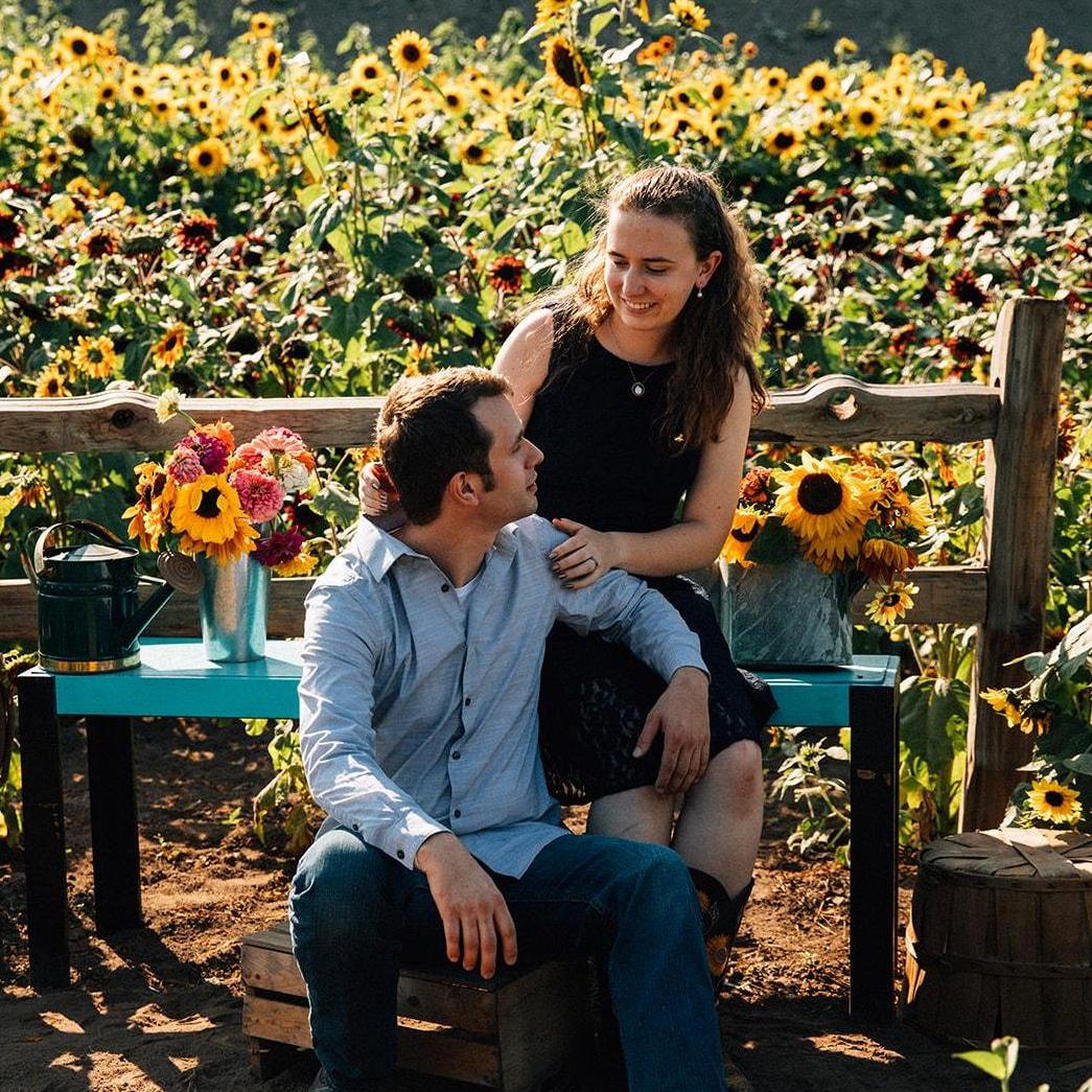 Engagement photoshoot with Zoe Burchard at the Mountainview Blueberry Farm's sunflower festival