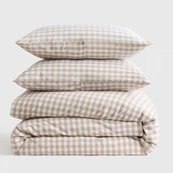 Classic Organic Percale Gingham Duvet Cover Set in Cafe
